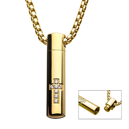 Stainless Steel Gold Plated Stash with Cross Clear CZ Pendant | 22" | INOX