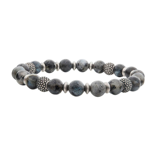 Introducing the INOX Men's 8.5mm Labradorite Stones with Black Oxidized Beads Bracelet. This bracelet is strung on an elastic cord for a comfortable fit and features a mix of smooth labradorite stones and black oxidized round beads. The rustic yet elegant design makes it an ideal accessory for men's jewelry enthusiasts.