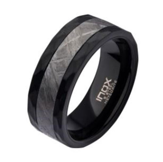 Men's 4mm Meteorite Inlay Black Plated Hammered Ring. Size 10