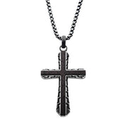 The Antique Gun Metal Sepulchre Genuine Ebony Wood Inlayed Cross Pendant by INOX hangs vertically on a chain against a plain white background.
