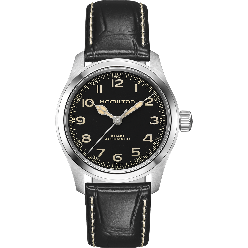 The Hamilton Khaki Field Murph 38mm watch, featuring a black leather strap with contrasting beige stitching, comes with a 38mm stainless steel case. The black dial showcases beige numerals and hands, all encased in a silver-toned case with a ridged crown on the right side.