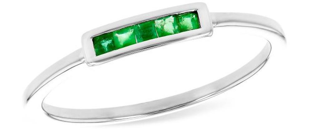 A sleek silver bracelet showcasing a rectangular centerpiece adorned with four vibrant green gemstones set in a row, reminiscent of the Allison Kaufman Emeralds 14K White Gold Ring.