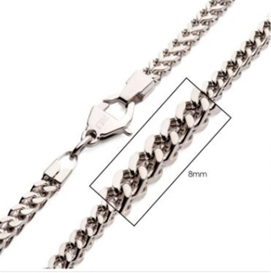 A close-up image of the 8mm Steel Franco Chain for men by INOX, featuring a secure lobster clasp. A detailed view shows the interlocking links of the 20" chain, highlighted in a rectangular overlay with "8mm" indicating the width of the chain links.