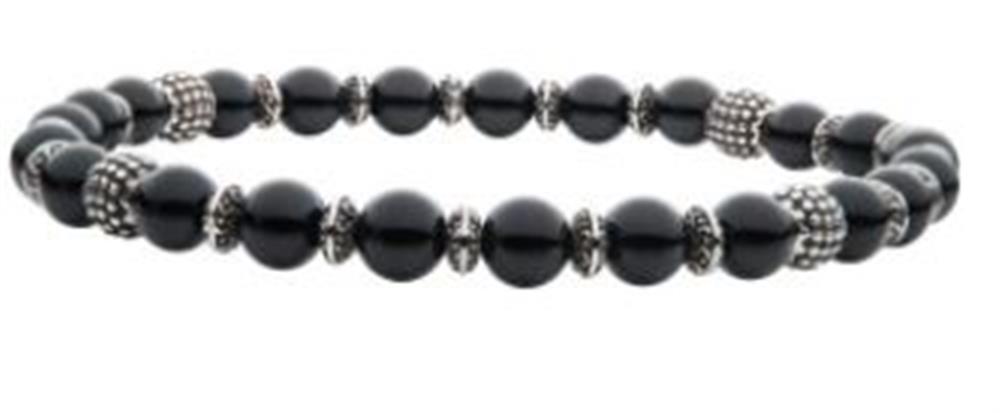 The INOX Black Agate Stones with Black Oxidized Beads Bracelet exudes style with its black agate stones and silver-accented beads, all threaded on an elastic band. These grounding and protective crystals form a simple yet elegant design that enhances any casual or formal outfit.