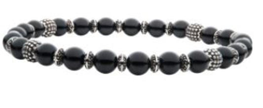 The INOX Black Agate Stones with Black Oxidized Beads Bracelet exudes style with its black agate stones and silver-accented beads, all threaded on an elastic band. These grounding and protective crystals form a simple yet elegant design that enhances any casual or formal outfit.