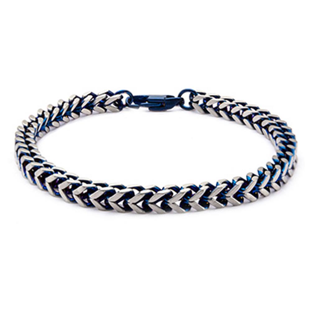 The Steel Blue IP Franco Chain Bracelet by INOX showcases a sleek design with intertwined silver and blue chevron links, secured with a blue clasp. This 8-inch men's stainless steel bracelet embodies modern style and sophistication.