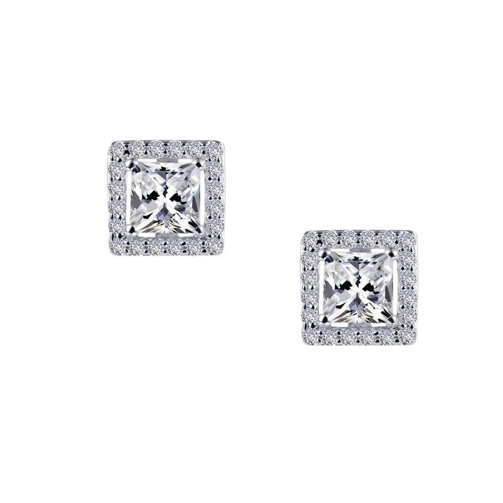 The 1.50 carats Diamond Stud Earrings by Lafonn are a pair of sterling silver square-shaped studs, each showcasing a large central princess-cut simulated diamond framed by a border of smaller diamonds. These earrings exude a simple yet elegant design, perfect for various occasions.