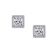 The 1.50 carats Diamond Stud Earrings by Lafonn are a pair of sterling silver square-shaped studs, each showcasing a large central princess-cut simulated diamond framed by a border of smaller diamonds. These earrings exude a simple yet elegant design, perfect for various occasions.