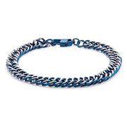 A close-up image of the Steel Blue IP Curb Chain Bracelet by INOX showcases its shiny metallic blue finish. This 8 1/2 inch bracelet features a secure clasp and stands out against a plain white background.