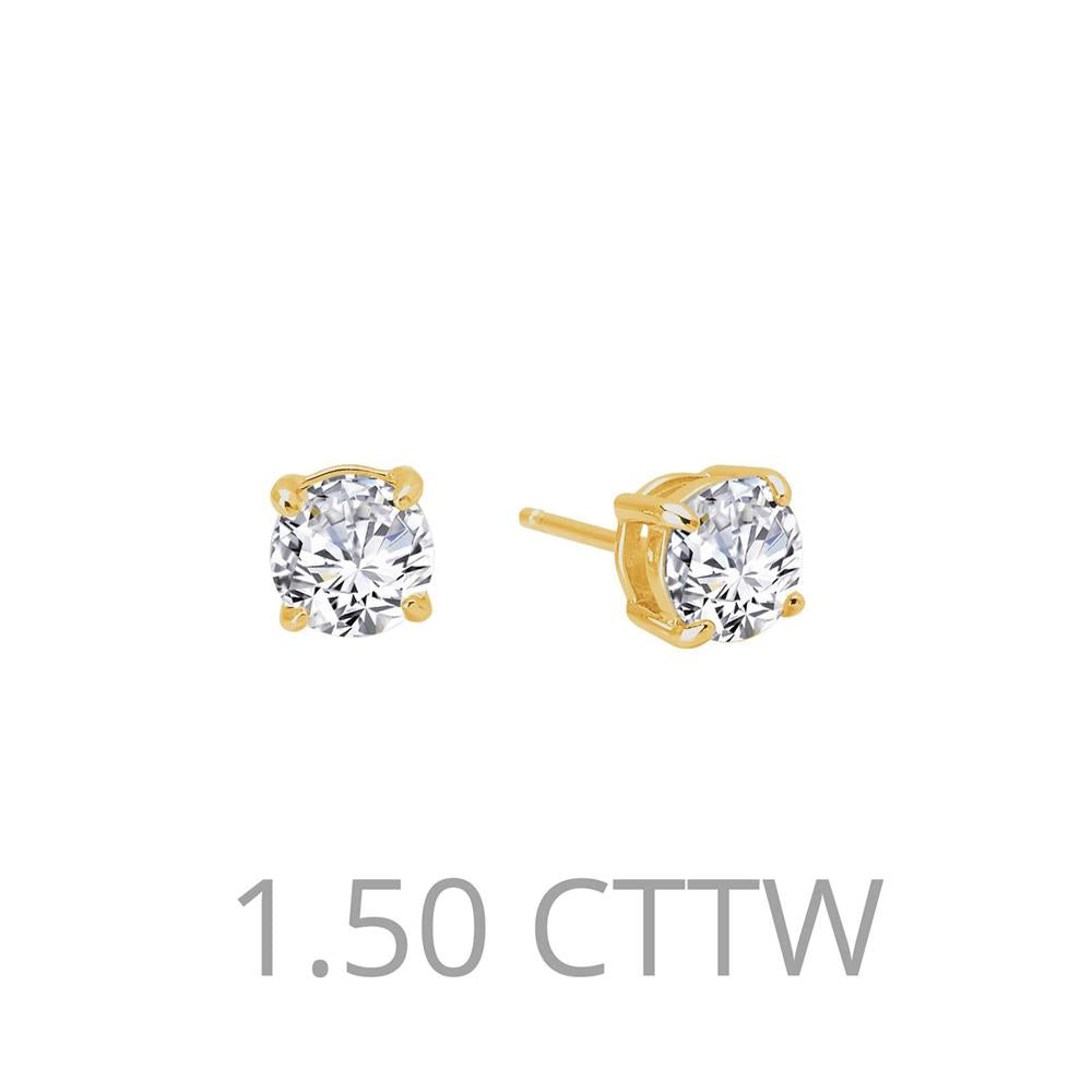 Displayed are 1.50 carat Diamond Stud Earrings by Lafonn, featuring gold settings and Lafonn's simulated diamonds for a dazzling effect, with the text "1.50 CTTW" indicating the total carat weight of 1.50 carats written below the earrings.