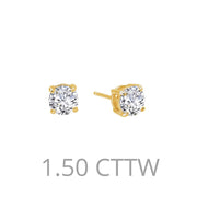 Displayed are 1.50 carat Diamond Stud Earrings by Lafonn, featuring gold settings and Lafonn's simulated diamonds for a dazzling effect, with the text "1.50 CTTW" indicating the total carat weight of 1.50 carats written below the earrings.