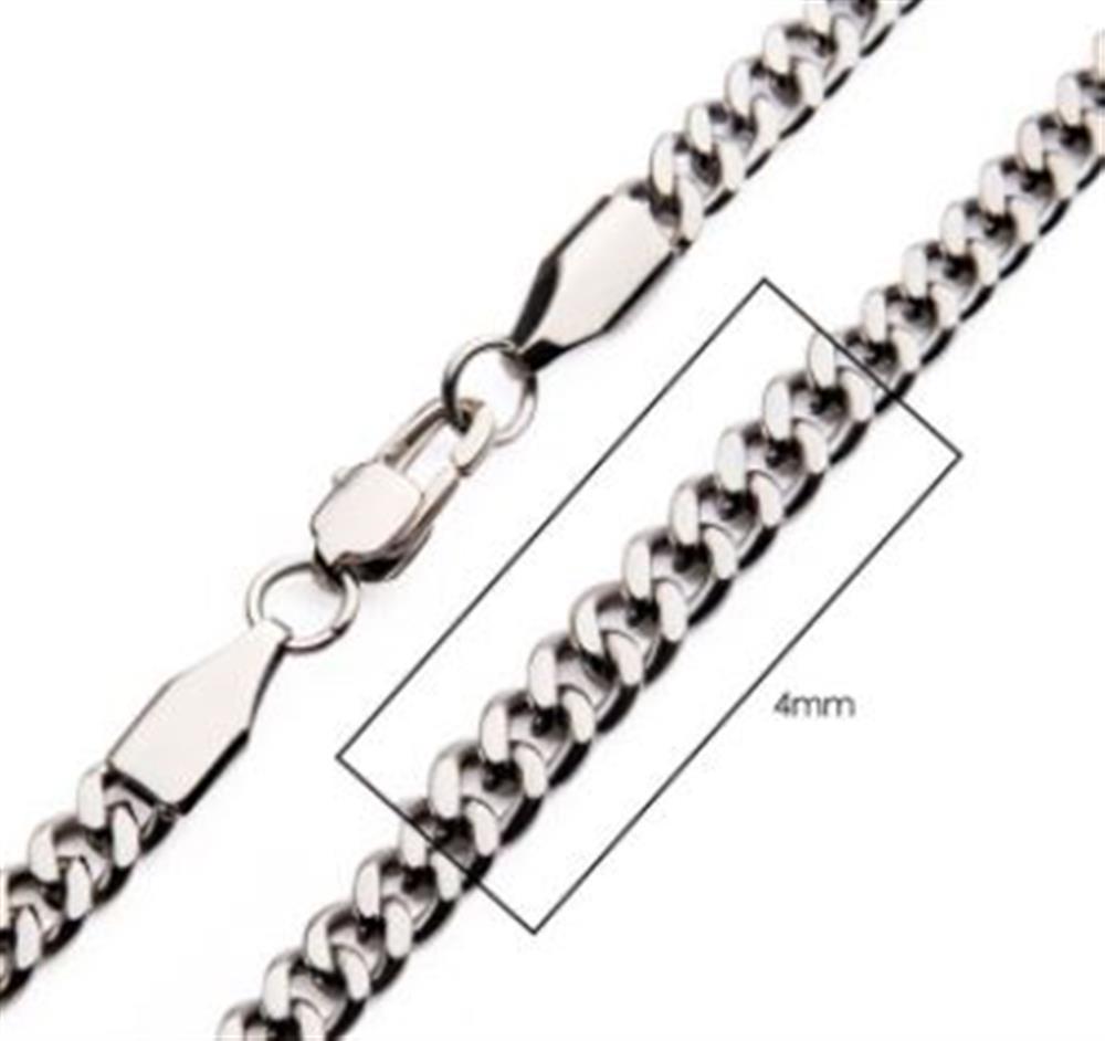 Close-up view of the INOX 4mm Steel Diamond Cut Curb Chain Necklace. A rectangular frame highlights a section of the 22" chain, showcasing its width of 4mm. The tightly interlocked links give it a solid and sturdy appearance, secured with a lobster clasp.
