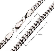 Close-up view of the INOX 4mm Steel Diamond Cut Curb Chain Necklace. A rectangular frame highlights a section of the 22" chain, showcasing its width of 4mm. The tightly interlocked links give it a solid and sturdy appearance, secured with a lobster clasp.