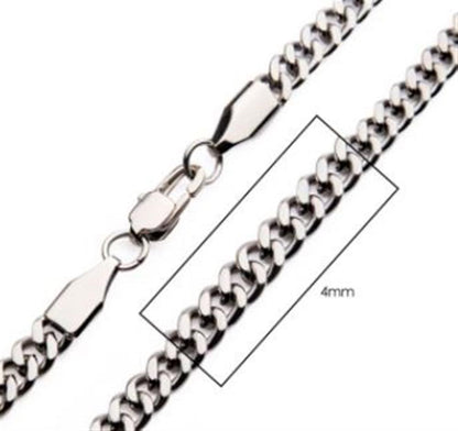 Close-up view of the INOX 4mm Steel Diamond Cut Curb Chain Necklace. A rectangular frame highlights a section of the 22" chain, showcasing its width of 4mm. The tightly interlocked links give it a solid and sturdy appearance, secured with a lobster clasp.