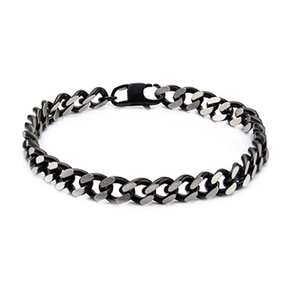 The Black IP Diamond Cut Chain Bracelet by INOX features a sleek, interlocking Cuban link design with alternating black and silver links made of durable stainless steel and includes a secure clasp.