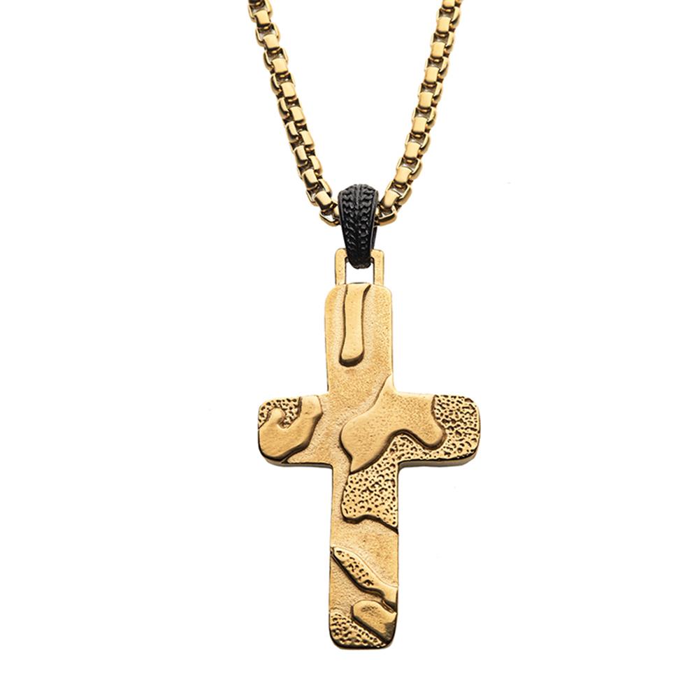 The INOX Stainless Steel High Polished 18K Gold Plated 3D Canyon Pattern pendant features a textured, abstract cross design that elegantly hangs from a medium-thick box chain. Its combination of smooth and rough surfaces creates a distinctive, artistic look, making it an ideal addition to men's stainless steel pendant collections.
