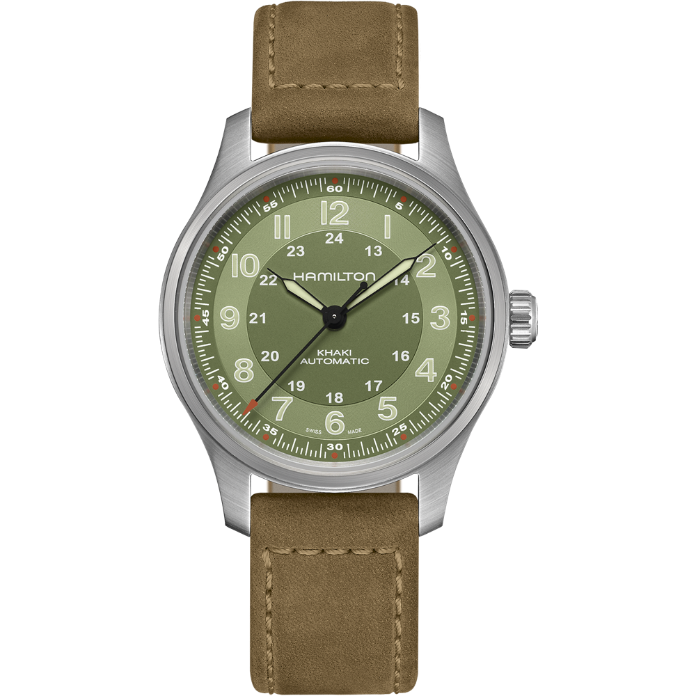 The Khaki Field Titanium Automatic 42mm by Hamilton features a wristwatch with a brown leather strap and a silver casing. Its olive green dial includes white numerical hour markings, an inner 24-hour track, and displays the "Hamilton" brand name alongside "Khaki Field Titanium Automatic." Additionally, the date window is positioned at 3 o'clock, highlighting its military watch heritage.