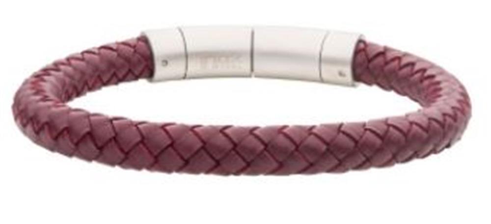 The 8mm Burgundy Genuine Leather Bracelet by INOX features a braided design with a sleek silver clasp, making it a simple yet elegant accessory suitable for both casual and formal wear.