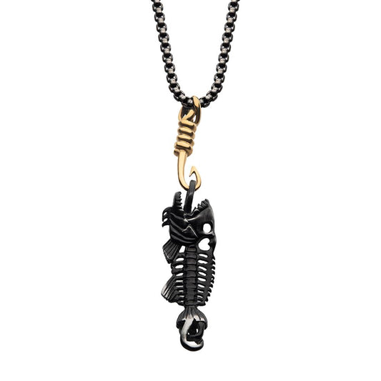 Black Plated Fishbone Pendant on a Polished Gold-Plated Hook with Black Plated Box Chain | INOX