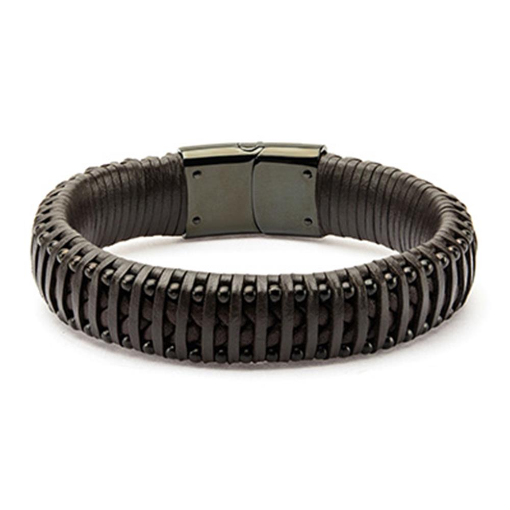 The Men's Black Leather with Stainless Steel Bracelet by INOX is a stylish accessory featuring an intricately woven black leather design and a sleek rectangular metallic clasp. The leather is meticulously wrapped with black threads, lending it a robust and modern look, while the stainless steel clasp adds an elegant finish to this striking bracelet.
