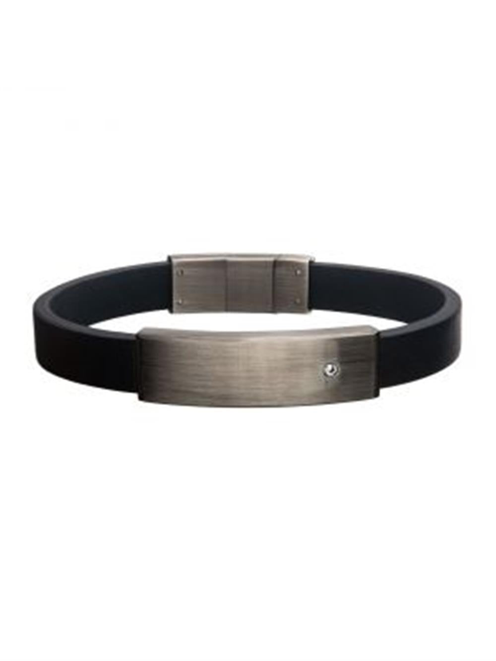Black Leather with 2mm Clear CZ in Engrave Steel ID Bracelet | INOX