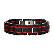 The Men's Dante - Black and Red Steel Matte Carbon Fiber and Link Sizeable bracelet by INOX is a stylish accessory featuring a segmented, grid-like design. Crafted from black and red steel, this striking piece showcases a combination of black links with red accents, all secured with a metallic clasp.