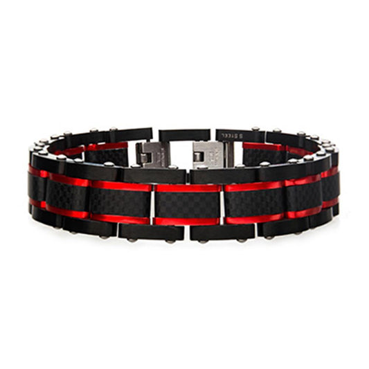 The Men's Dante - Black and Red Steel Matte Carbon Fiber and Link Sizeable bracelet by INOX is a stylish accessory featuring a segmented, grid-like design. Crafted from black and red steel, this striking piece showcases a combination of black links with red accents, all secured with a metallic clasp.