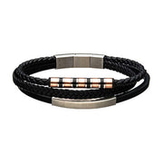 The Men's Triple Black Leather with Rose Gold and Steel Bar Bracelet by INOX is a black leather braided men's bracelet with multiple strands, featuring metal and copper bead accents, a touch of rose gold detailing, and a rectangular metal clasp.