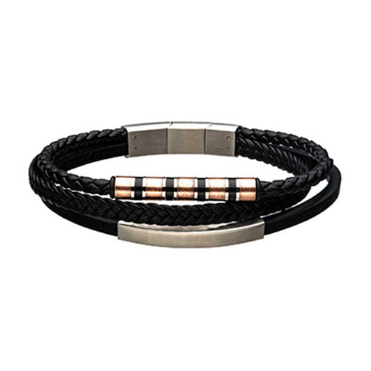 The Men's Triple Black Leather with Rose Gold and Steel Bar Bracelet by INOX is a black leather braided men's bracelet with multiple strands, featuring metal and copper bead accents, a touch of rose gold detailing, and a rectangular metal clasp.