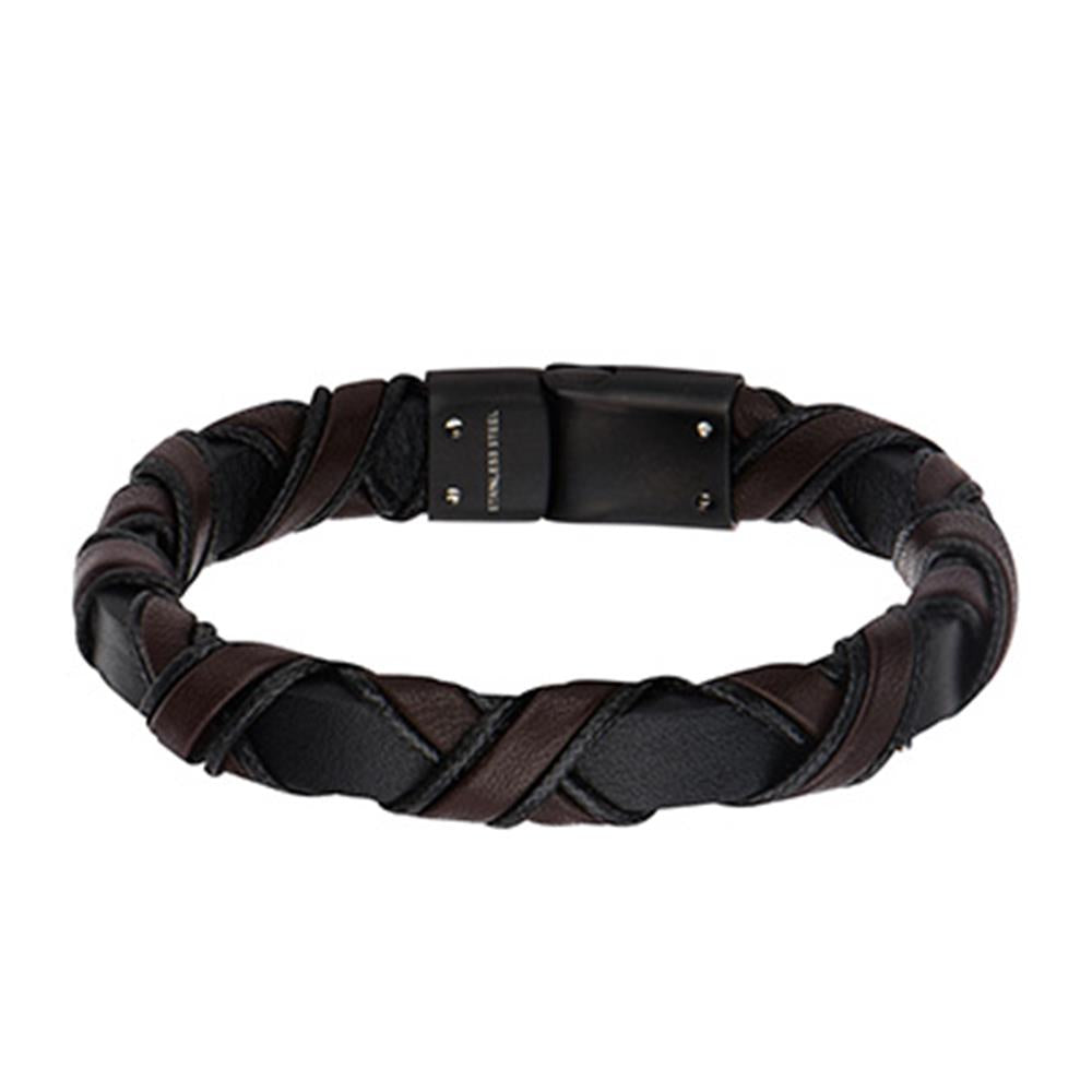 The INOX Men's Black and Dark Brown Leather Bracelet is a stylish accessory crafted from alternating strips of leather in black and dark brown. Measuring 8.5 inches, it features a black metal clasp that secures elegantly around the wrist. This rugged yet elegant design is perfect for both casual and formal wear.