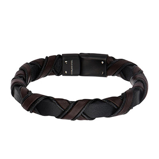The INOX Men's Black and Dark Brown Leather Bracelet is a stylish accessory crafted from alternating strips of leather in black and dark brown. Measuring 8.5 inches, it features a black metal clasp that secures elegantly around the wrist. This rugged yet elegant design is perfect for both casual and formal wear.