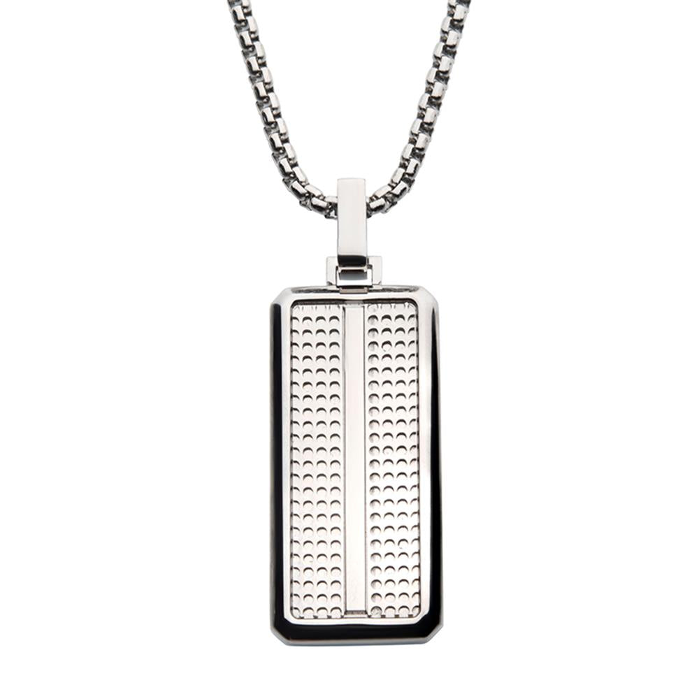 The Steel Streamline Dog Tag Pendant with Bold Box Chain by INOX features a men's stainless steel rectangular dog tag pendant. The sleek design includes a textured, perforated center and a polished border, creating a modern and sophisticated accessory that hangs from a bold box chain.