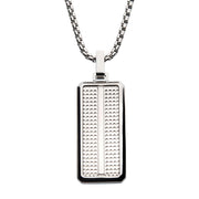 The Steel Streamline Dog Tag Pendant with Bold Box Chain by INOX features a men's stainless steel rectangular dog tag pendant. The sleek design includes a textured, perforated center and a polished border, creating a modern and sophisticated accessory that hangs from a bold box chain.