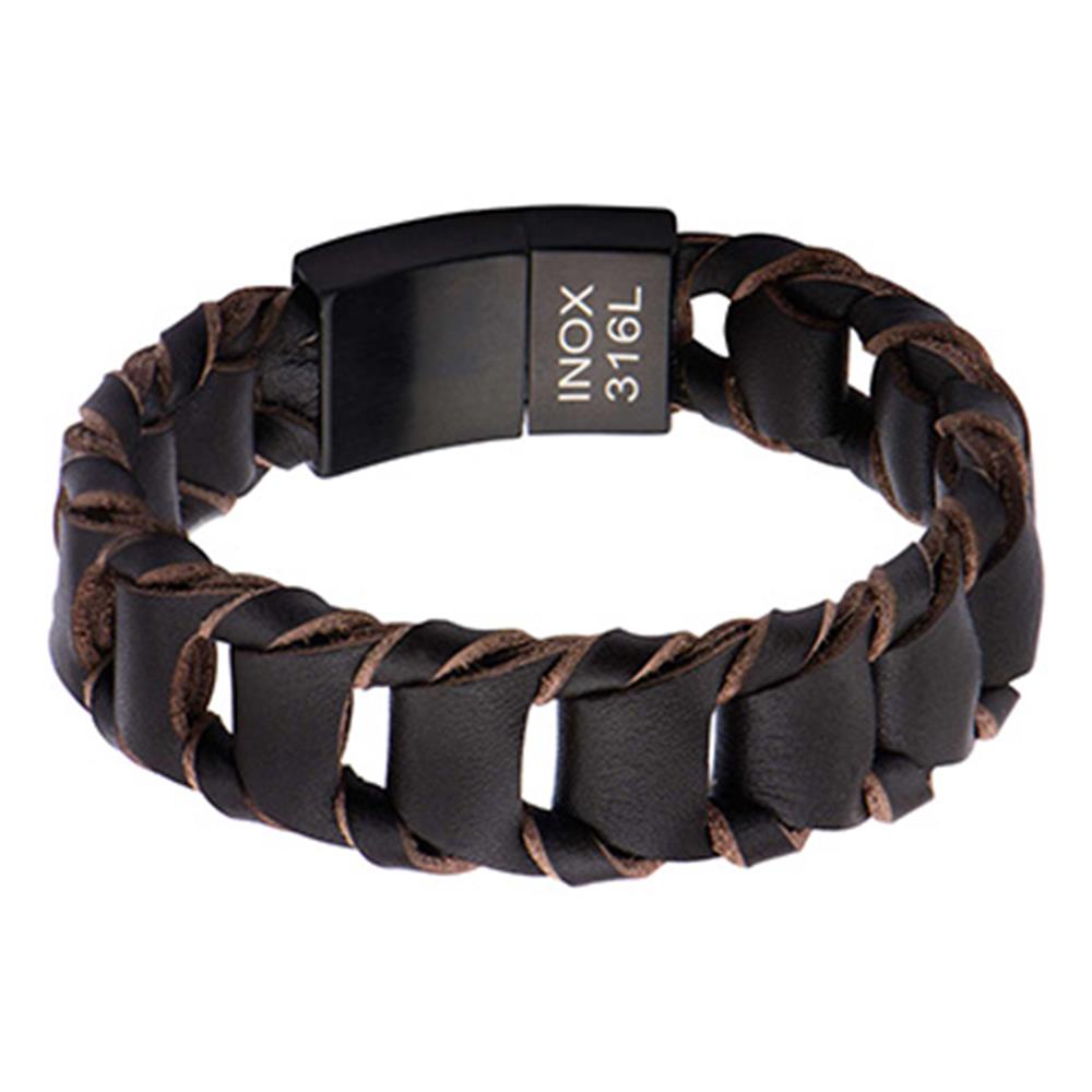 A stylish black braided leather bracelet with interwoven brown leather strands, perfect for any occasion. This Men's Brown Leather Bracelet by INOX features a durable stainless steel clasp engraved with "INOX 316L.