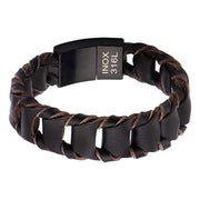A stylish black braided leather bracelet with interwoven brown leather strands, perfect for any occasion. This Men's Brown Leather Bracelet by INOX features a durable stainless steel clasp engraved with "INOX 316L.