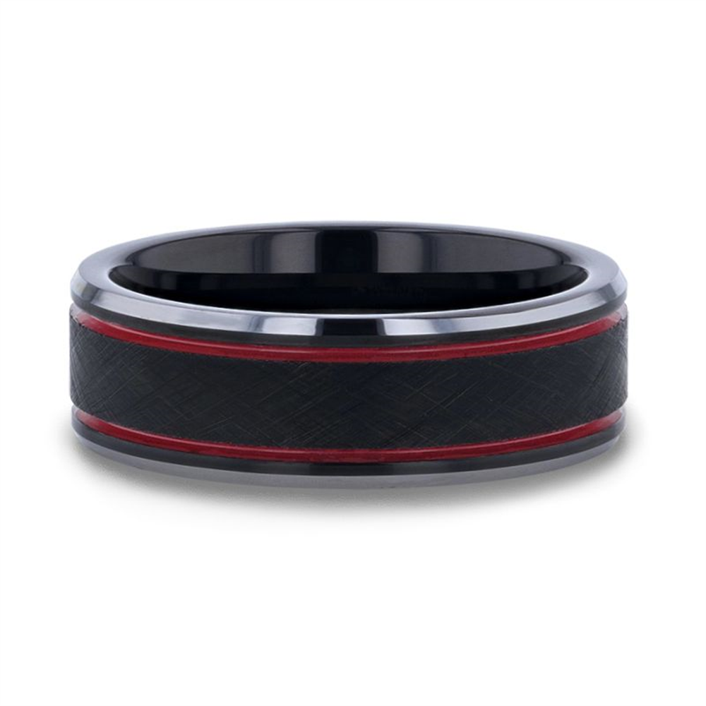 OLIS Black Tungsten Men's Wedding Band With Double Red Stripe, 8mm