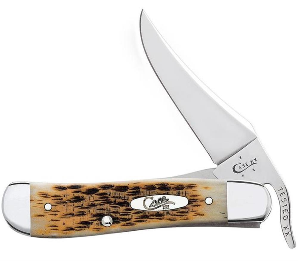A RussLock® Knife by W.R. Case & Sons Cutlery Co. featuring a partially open Tru-Sharp™ stainless steel blade with the words "CASE XX TESTED XX" etched near its base. The handle showcases a light wood texture adorned with dark specks and is complemented by metal bolsters at each end.