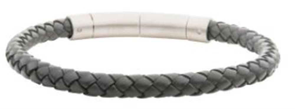 A close-up of the 6mm Grey Genuine Leather Bracelet by INOX showcasing its dark gray, woven style and sleek silver magnetic clasp. The men's stainless steel bracelet from INOX features a simple, elegant design with a uniform braided pattern throughout.