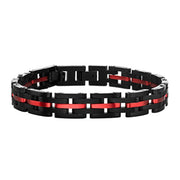 The Men's Dante - Black and Red Steel and Link Sizeable Bracelet (7.75 - 8) by INOX showcases a rugged design with black links forming the outer part and red links running through the center. Its sizeable structure and secure clasp make it a perfect blend of style and functionality.