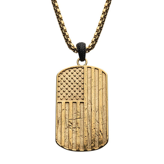 The INOX Polished Gold-Plated Rugged American Flag Pendant features a men's gold-plated dog tag-shaped pendant embossed with the American flag, finished with a textured design. It comes on a matching gold-plated box chain with a robust, linked design and polished black plated bail.