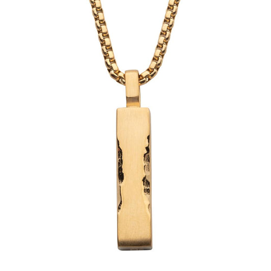 Matte 18K Gold IP Chiseled Engravable Drop Pendant with Box Chain | INOX
