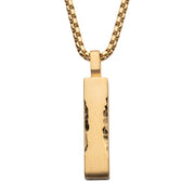 The Matte 18K Gold IP Chiseled Engravable Drop Pendant with Box Chain by INOX features a rectangular drop pendant with a hammered texture. The men's matte gold pendant is suspended vertically from the box chain, showcasing a polished and rugged finish.