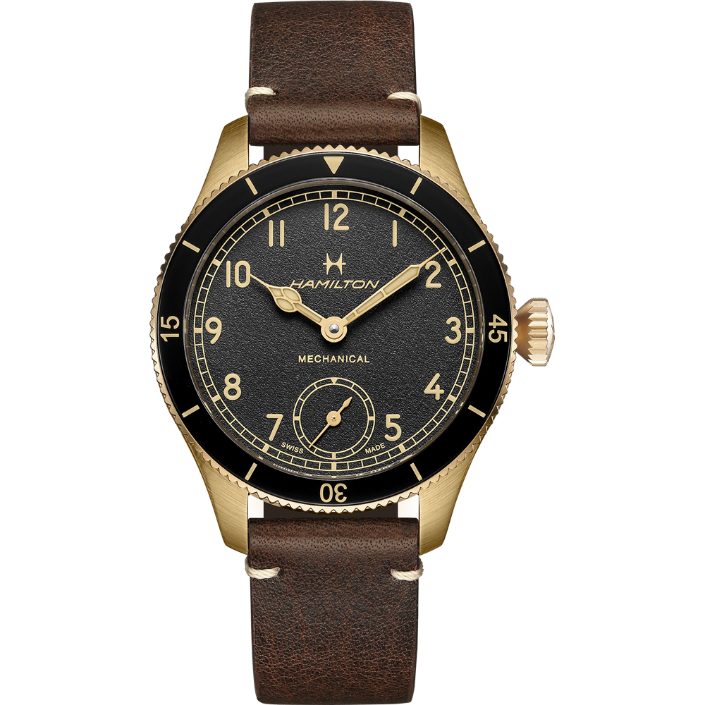 Introducing the Hamilton Khaki Aviation Pioneer Steel 43mm (M5G21FGL0), a refined gold-colored mechanical wristwatch. It boasts a dark brown leather strap and features a black dial adorned with gold-tone Arabic numerals and hands. A subdial at the 6 o'clock position tracks seconds, while the bezel is detailed with minute and second indicators for precision timekeeping.