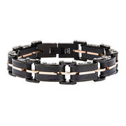 The INOX Men's Stainless Steel Rose Gold IP Link Bracelet, measuring 8 1/2 inches, combines elegance with rugged durability. This bracelet features stainless steel links accented with rose gold ion plating and is secured with a fold-over clasp.