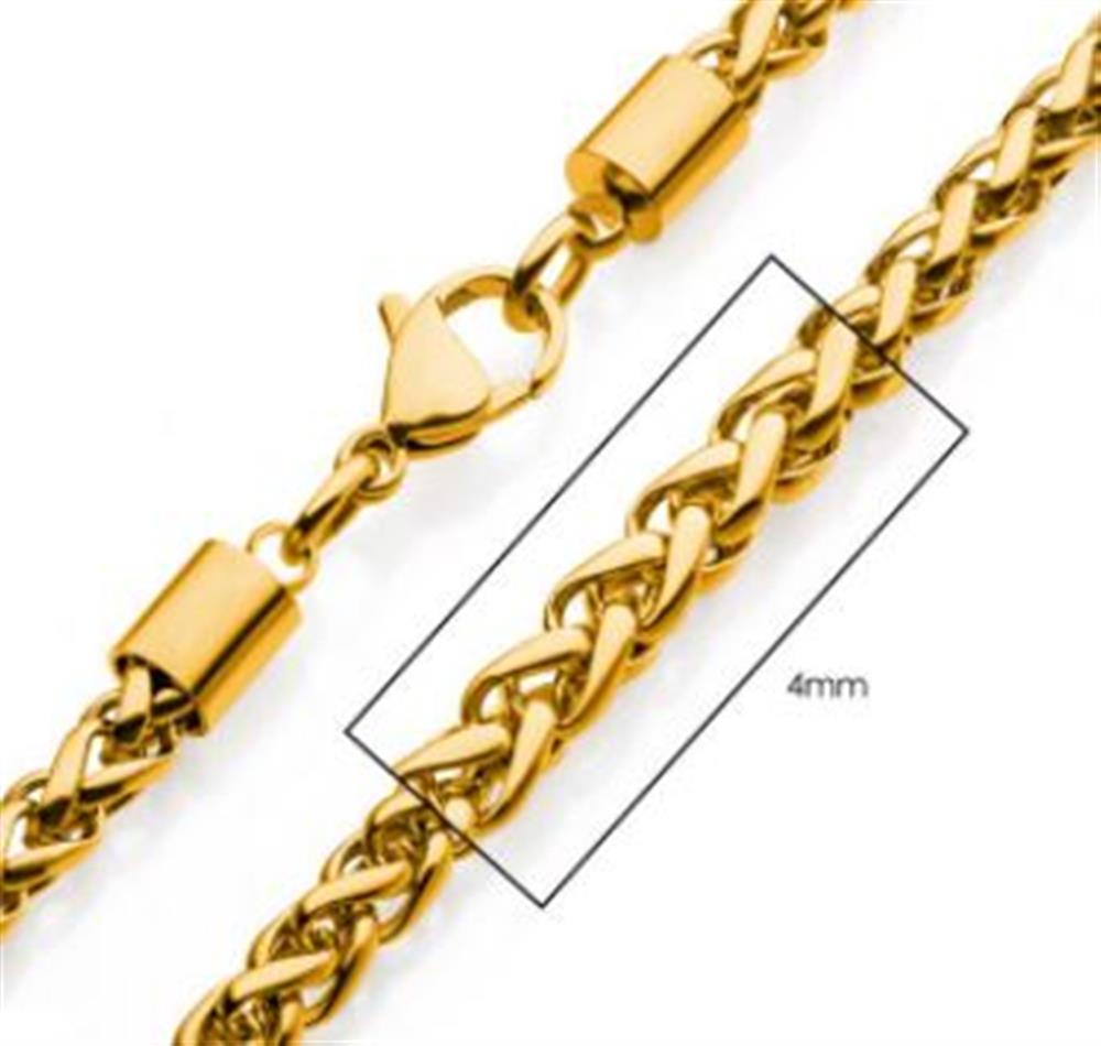 A close-up image of the INOX 4mm 18K Gold Plated Wheat Chain Necklace (22") with a lobster clasp. The wheat chain is crafted from stainless steel and is 4mm thick, as highlighted by the text and outlined rectangular box on the chain. The image showcases the intricate links and shine of the gold plating.