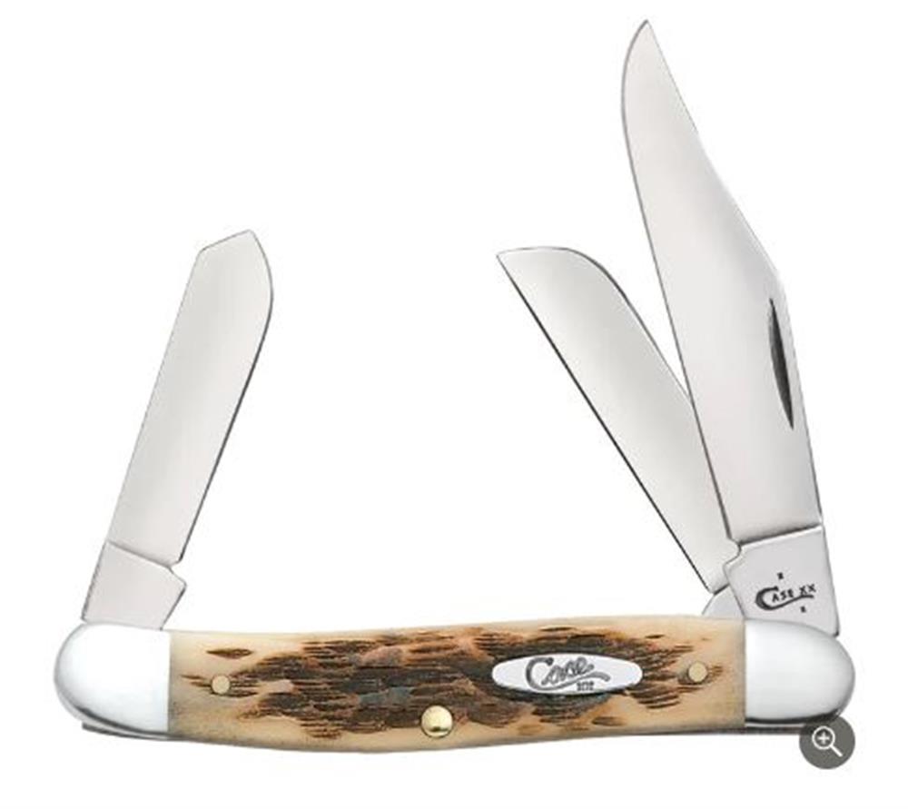 The W.R. Case & Sons Cutlery Co. Amber Bone Peach Seed Jig Stockman is a pocket knife featuring three open blades of varying sizes and shapes, ideal for different cutting tasks. It boasts a textured Amber Bone handle with a brown, bone-like appearance, metal accents, and an oval logo plate engraved with "Case.