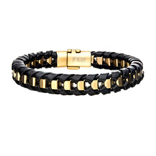 The INOX Men's Black Leather with Gold Plated Bracelet, measuring 8 1/4 inches, showcases a stylish design featuring interwoven black leather and gold-plated metal links. It is completed with a rectangular clasp adorned with intricate engravings.