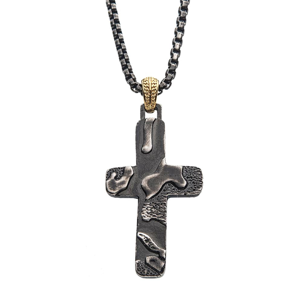 A close-up of the Stainless Steel Gun Metal Plated 3D Canyon Pattern Pendant by INOX, a men's necklace featuring a textured design with silver and gold tones. The pendant, characterized by its intricate canyon pattern, hangs from a gun metal plated box chain.