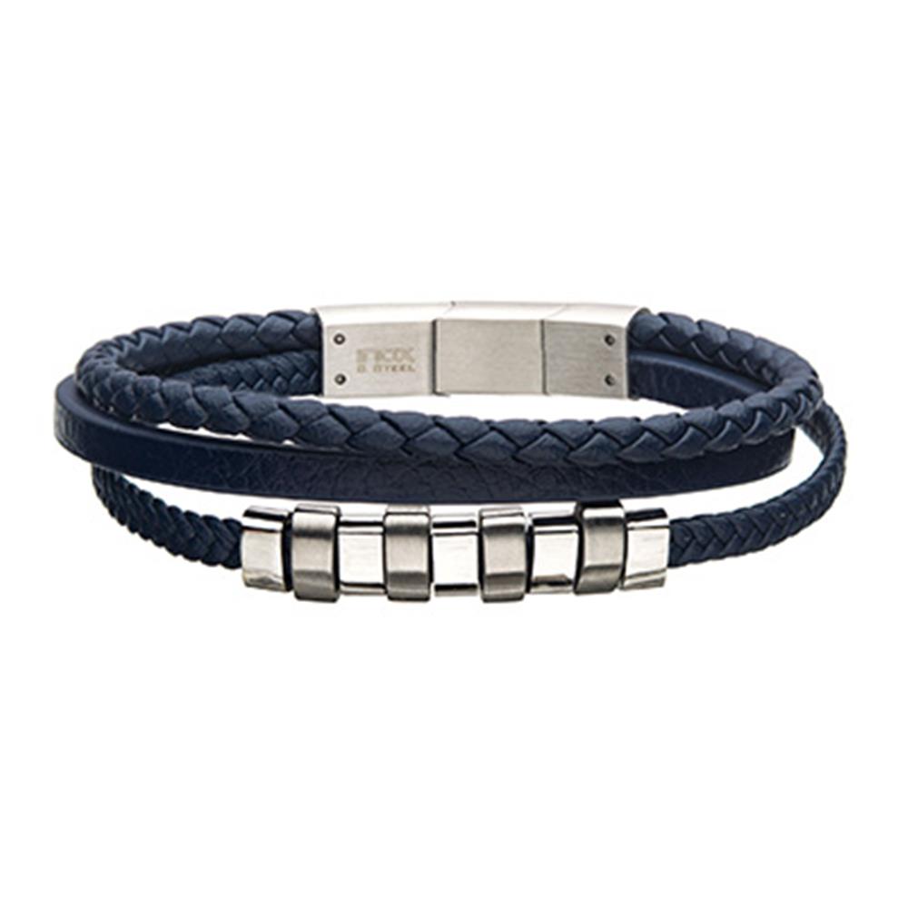 The INOX Men's Stainless Steel Matte Blue Plated with Steel Beads Multi Leather Bracelet is a trendy accessory featuring three intertwined bands: two braided and one smooth navy blue leather, adorned with silver cube beads. This stylish piece fastens securely with a rectangular silver clasp.