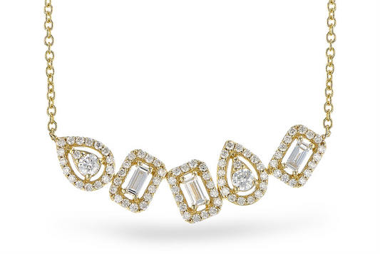 The Diamond 14K Yellow Gold Necklace by Allison Kaufman boasts an elegant arrangement of five geometric diamond-studded pendants, including circles, rectangles, and teardrops, symmetrically adorning a delicate gold chain.